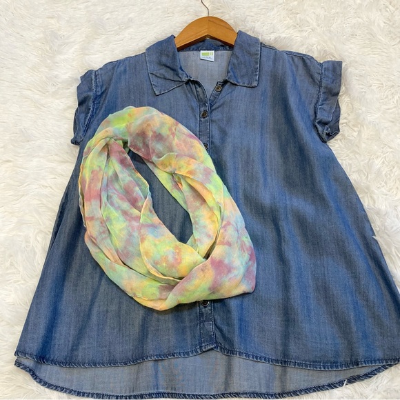 Girls Crazy 8 Chambray Denim Short Sleeve Button Swing Top with Scarf Size 10-12 - Picture 3 of 7